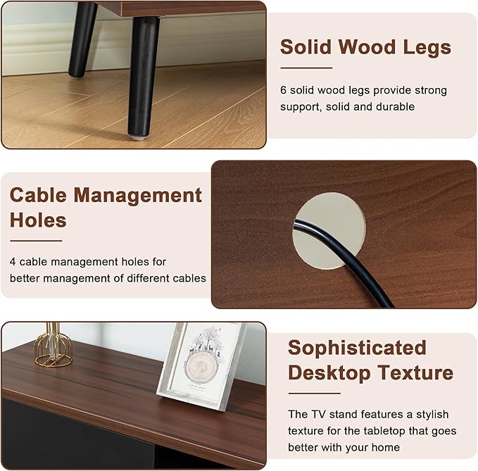 Clikuutory Mid Century Modern 70 Inch TV Stand with Two Large Storage Space for 50 55 60 65 70 75 80 Inch TVs, TV Console with Two Sliding Door, Entertainment Center for Bedroom, Walnut