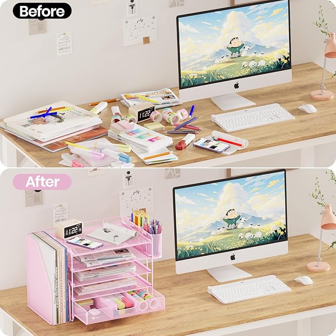 Desk Organizers and Accessories with File Holder, 5-Tier Office Desk Accessories & Workspace Desktop Organizer with Drawer and 2 Pen Holder, File Paper Organizer for Office Supplies(Pink)