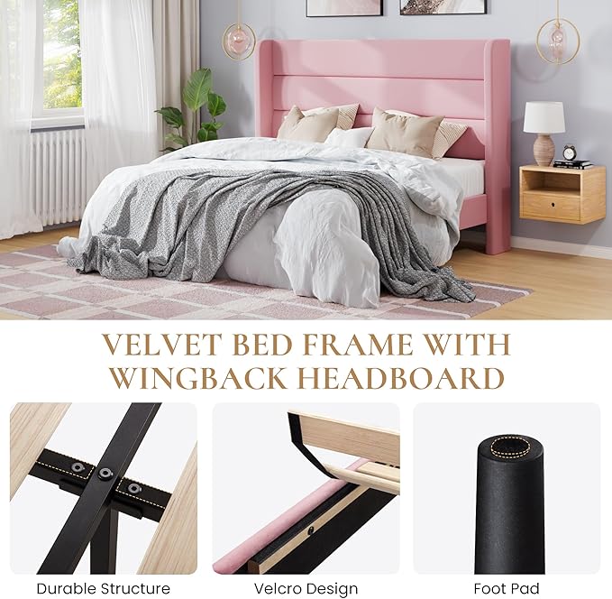 SHA CERLIN Queen Size Velvet Bed Frame/Vertical Channel Tufted Wingback Headboard/Upholstered Platform Bed with Wooden Slats/Mattress Foundation/No Box Spring Needed/Easy Assembly/Pink