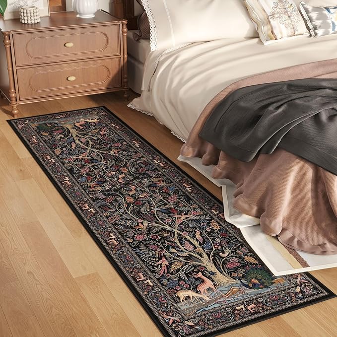 Runner Rug 2x6 Vibrant Tree of Life-Patterned Vintage Kitchen Rugs Non Slip Washable Soft Carpet Runner for Laundry Bedroom Bathroom, Black