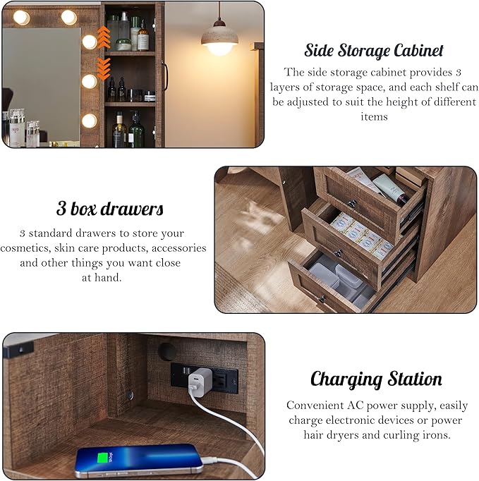 Farmhouse Vanity Desk with Mirror and Lights, 43" Wide Makeup Vanity with Glass Tabletop and Charging Station, Modern Vanity Table Set with Storage and Stool for Bedroom, Light Brown