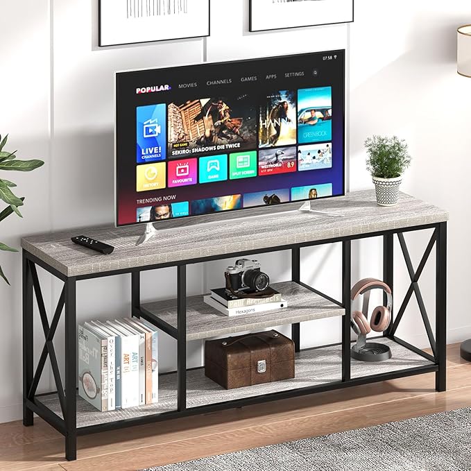 FOLUBAN Modern TV Stand for TV up to 65 Inch, Rustic Wood Entertainment Center with Storage Shelves, Industrial Media TV Console for Living Room, Farmhouse TV Table for Bedroom, 55 Inch Light Grey