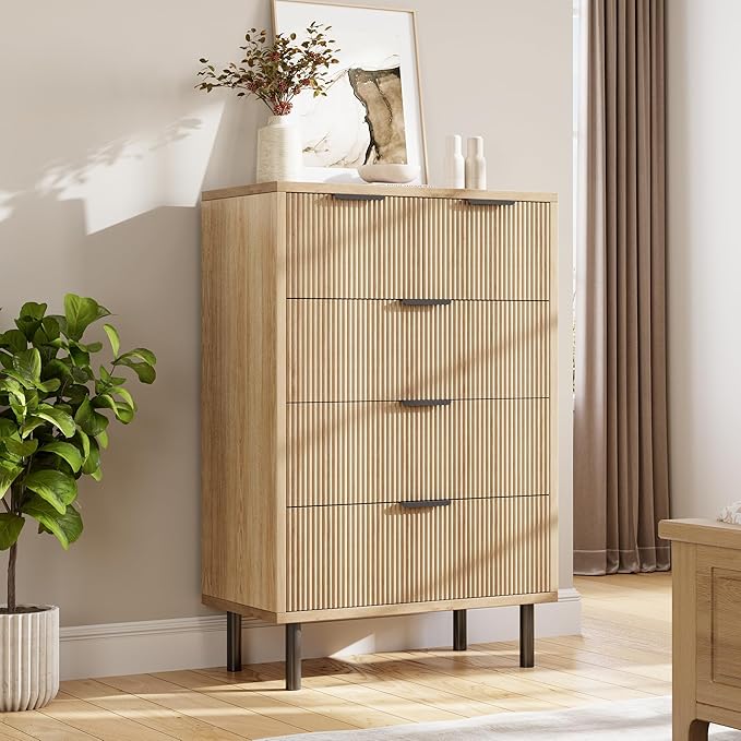 GarveeHome Oak Fluted 5 Drawer Dresser for Bedroom, Modern Wood Chest of Drawers with Wide Drawers, Closet Dresser Organizer with Anti-Tipping Device and Metal Legs for Hallway Entryway