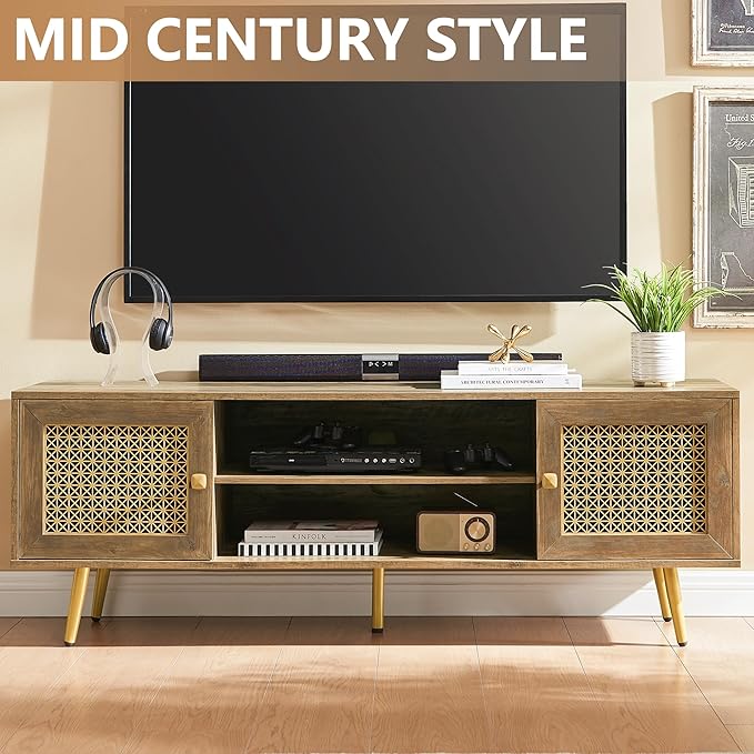 Mid Century Modern TV Stand with Metal Mesh Doors and Open Shelf for Tvs up to 65" Boho Media Console Entertainment Center with Cable Holes for Living Room Rustic Oak 59.06"x15.55"x20.87"