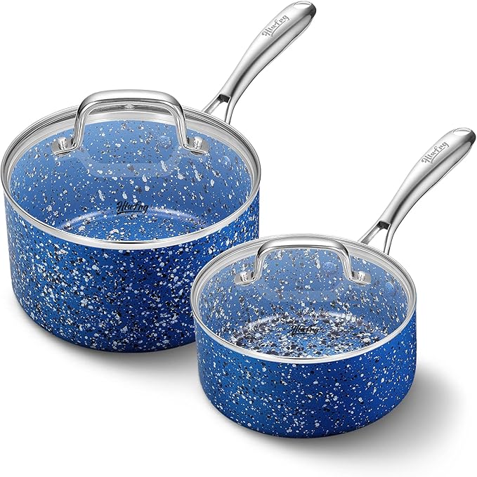Saucepan Set with Lid, Nonstick 2Qt & 3Qt Pot Set with Lid, Small Pot with Stainless Steel Handle, Natural Granite Nonstick Saucepan Set, Small Sauce Pots, Blue Pot Set - 2Qt & 3Qt