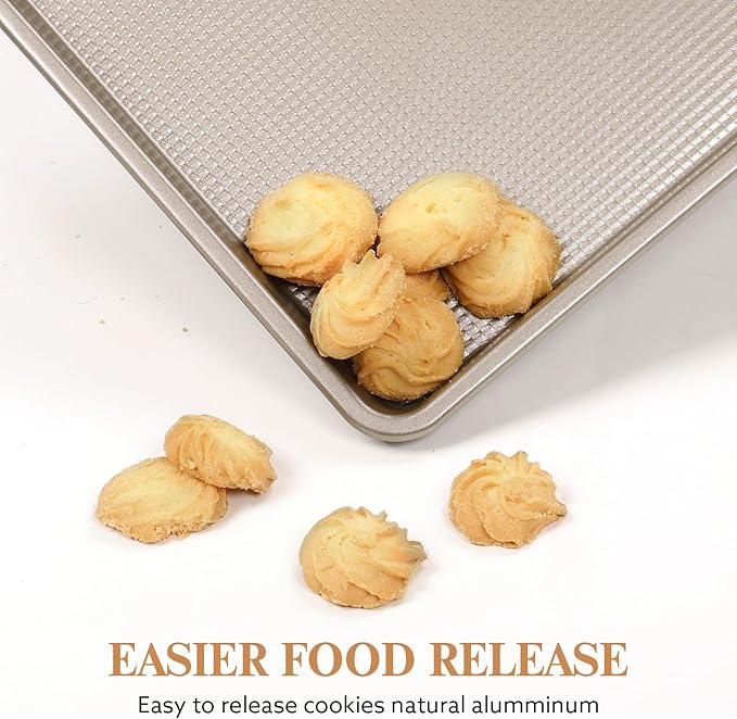 2 Piece Professional Baking Pan Set, Nonstick Bakeware Set, Heavy Duty Thick Cookie Sheets for Baking, 9x13in, 10x15in, Textured, Gold