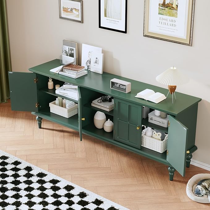 3More 67" Mid Century Modern TV Stand with Window Design,Wood Entertainment Center with Open Shelf,Up to 70" Media TV for Living Room or Bedroom,Green