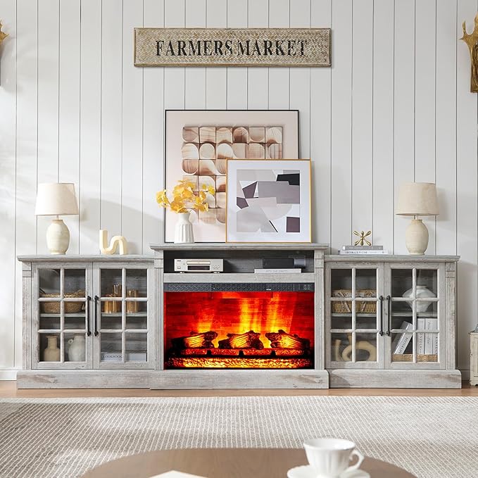 AMERLIFE 97" Farmhouse Fireplace TV Stand, Entertainment Center with Large Storage Space and Adjustable Shelf, Media Console for Living Room, Light Grey