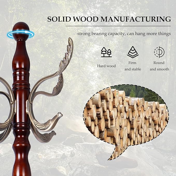 Wood Coat Rack Freestanding, Natural Coats Tree Stand with 14 Metal Hooks, 73" Sturdy and Easy Assembly Coat Rack Stand for Entryway, Hallway, Bedroom, Bags, Hats (Heavy-duty Disc Base, Metal Hook)