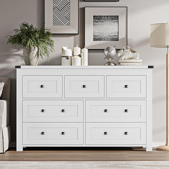 7-Drawer Dresser, Modern Wooden Storage Chest of Drawers, Dresser TV Stand, Wood Drawer Organizer with Metal Handles for Bedroom, Living Room, Hallway