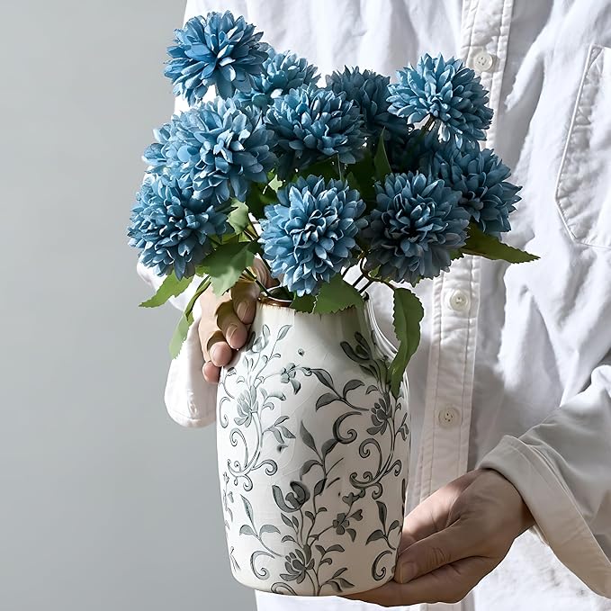 SIDUCAL Ceramic Vintage Vase, 7 Inch Retro Ice Cracked Chinoiserie Floral Vase, Rustic Farmhouse Vases for Home Decor, Bookshelf, Office, Garden, Chinoiserie Decor, Tuscan Decor, Gray Floral Pattern