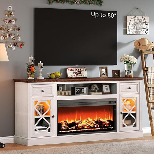 AMERLIFE Farmhouse Fireplace TV Stand with 37" Electric Fireplace for 80 Inch TVs, Large LED Media Entertainment Center with Drawers, 31" Tall Highboy TV Console Cabinet with Door, Living Room, White