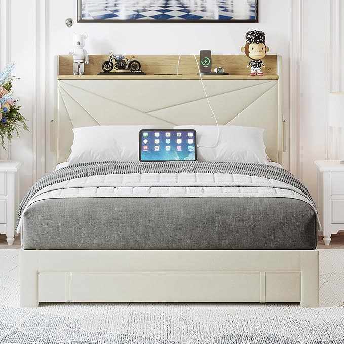 Full Size Bed Frame with 3 Drawers, Upholstered Bed Frame Full Size with Storage Headboard, AC USB & Type C Charge Station, Wooden Support Slats No Box Spring Needed Easy Assembly, Beige