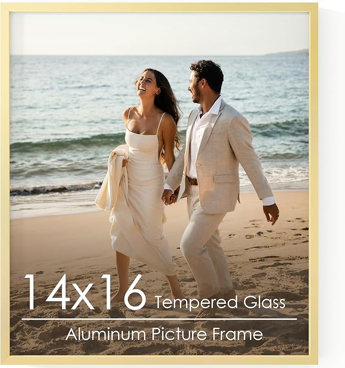 14x16 Metal Picture Frame - Gold Aluminum Photo Frames-Real Real Glass,Wall Gallery Poster Puzzles Artwork 16x14 frame Mounting Horizontally or Vertically Decor for Wall, Gold