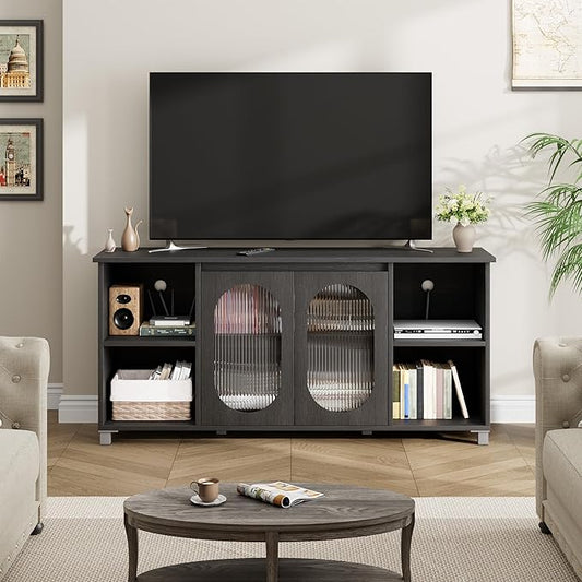 71" Modern Farmhouse TV Stand - Corrugated Glass Door Media Console with 3 Open Shelves, 15" D x 29" H Entertainment Center (Black & Dark Brown)