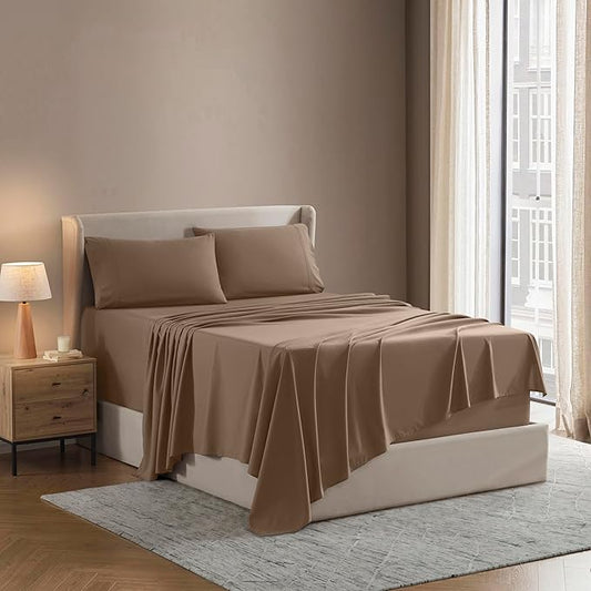 Nestl Microfiber Sheet Set, 4Piece Full XL Size, Double Brushed Taupe, Hotel Luxury, Extra Soft Bedding & Pillowcases