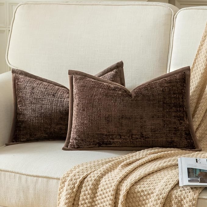 Yaertun Pack of 2 Chenille Textured Decorative Throw Pillow Covers Accent Solid Cushion Cover Soft Cozy Pillow Case with Velvet Back for Couch Sofa Bed Living Room 12x20 Inch Coffee