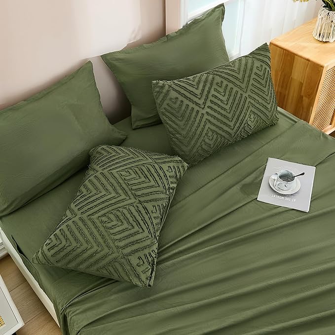Andency Olive Green Full Size Comforter Sets with Sheets - 7 Pieces Bed in a Bag Boho Tufted Bedding Sets Fluffy Lightweight Full Bed Set with Comforter, Sheets, Pillowcases & Shams for All Season