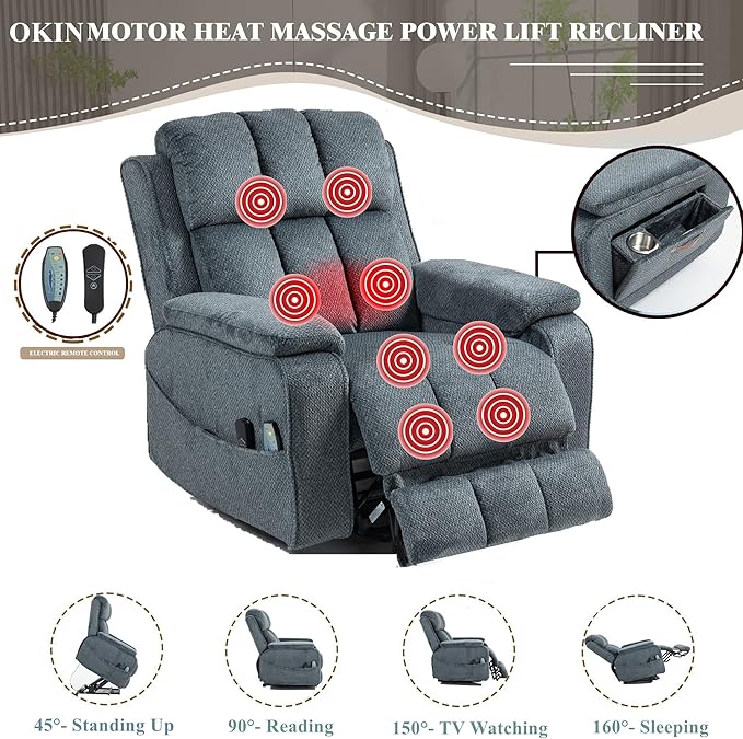 Power Lift Recliner Chairs for Elderly Big Man 400lbs, Oversized Lay Flat Recliner with Heat & Massage, Extended Footrest and Side Storage Cup Holder for Adults Seniors