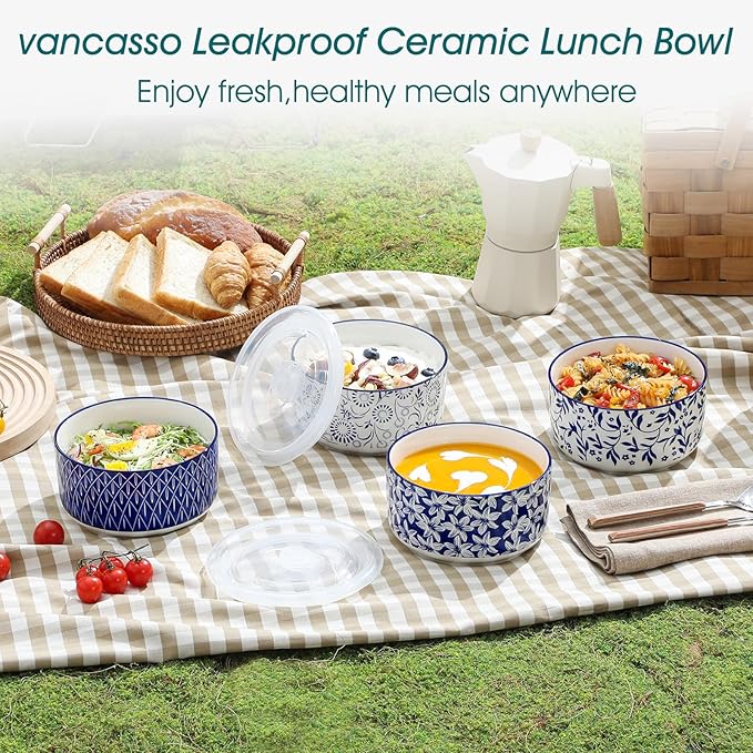 vancasso 36 Oz Mixing Bowls with Lids Set of 4,Ceramic Serving Bowls,Porcelain Bowls with Lids for Food Storage, Mixing Bowls for Kitchen, Microwave & Dishwasher Safe,Series SELENE (4PCS)