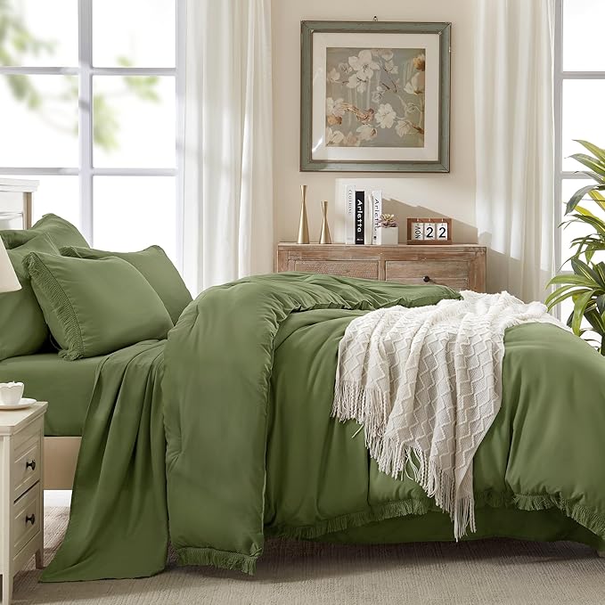 Andency Queen Comforter Set with Sheets Olive Green -7 Pieces Bed in a Bag Boho Tassel Bedding Sets, All Season Fringe Bed Set with Comforter, Sheets, Pillowcases & Shams