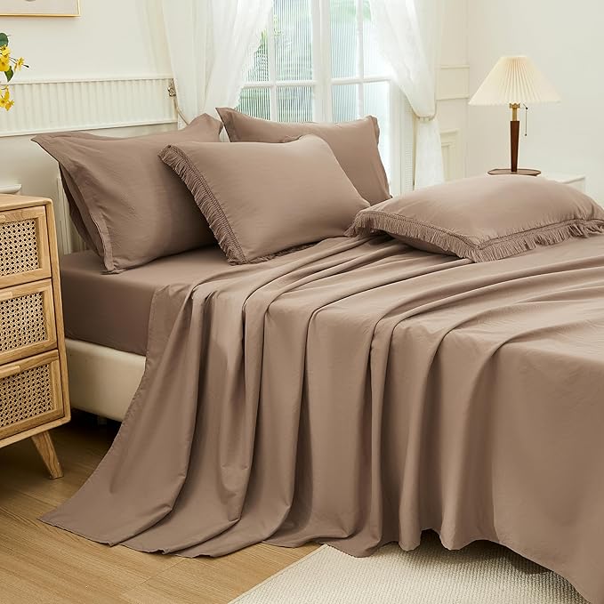 Andency Taupe California King Size Comforter Set with Sheets - 7 Pieces Boho Tassel Bed in a Bag Soft Lightweight Bedding Sets, Taupe Fringe Bed Set with Comforter, Sheets, Pillowcases & Shams