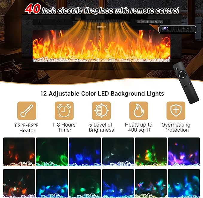 Fireplace TV Stand for 95" TV, 83" LED TV Stand with 40" Electric Fireplace & Power Outlet, High Gloss Surface, 2 Storage Cabinet, Modern Style (83 Inch, Black