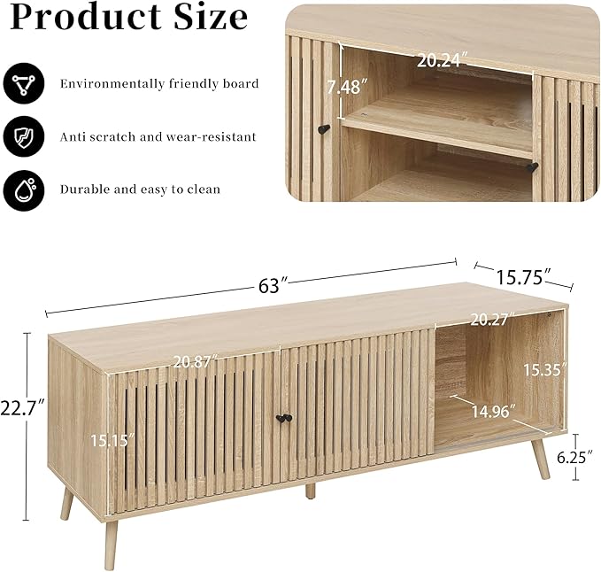 Mid Century Modern TV Stand for Televisions up to 70 Inches, with Sliding Doors and Storage, Television Stands, TV Consoles, Media Consoles for Living Room, 63 Inch (Natural)