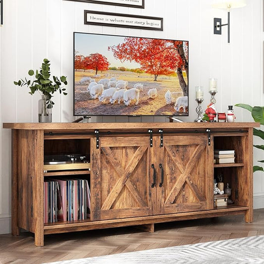 Farmhouse TV Stand for 55-65in TV with Adjustable Shelves & Sliding Barn Door - Rustic, Wooden Entertainment Center & Media Cabinet for Bedroom, Living Room (Dark Brown, 58in)