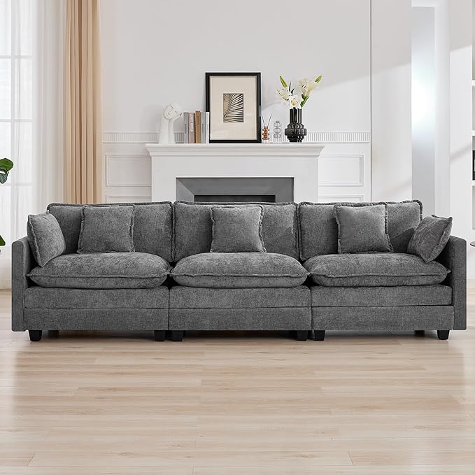 111'' Sectional Cloud Deep Seat Couch, Modern Comfy Chenille Modular Sectional Sofa for Living Room Set, Upholstered Modular 3-Seats Sofa Couch, Grey