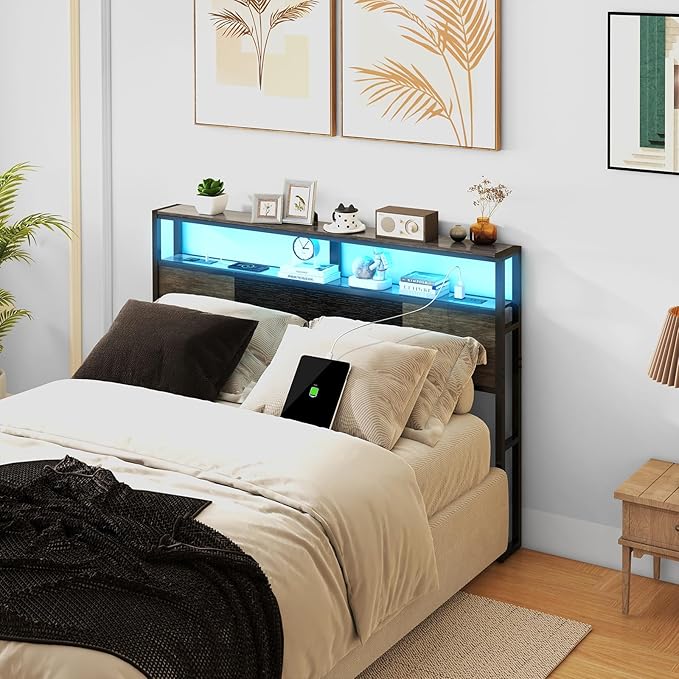 Headboard Queen Size, Headboards with Charging Station, USB Port and LED Light, Head Board with 2-Tier Storage Shelf, Adjustable Height, Easy Assembly, Sturdy and Stable, Black