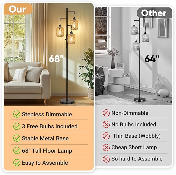 ROTTOGOON Dimmable Boho Floor Lamp - 3 Light Farmhouse Rattan Floor Lamp for Living Room, Industrial Tree Floor Lamps with 3 X 6W LED Bulbs, Rustic Standing Tall Lamp for Bedroom, Office, 68", Black