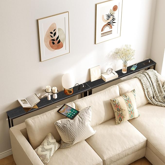 HOOBRO 2 Pack 5.9" Narrow Console Sofa Table with Power Outlets, 47.2" Long Behind Couch Table with Charging Station, Skinny Sofa Table for Living Room, Foyer, Black BB15XGP201G1