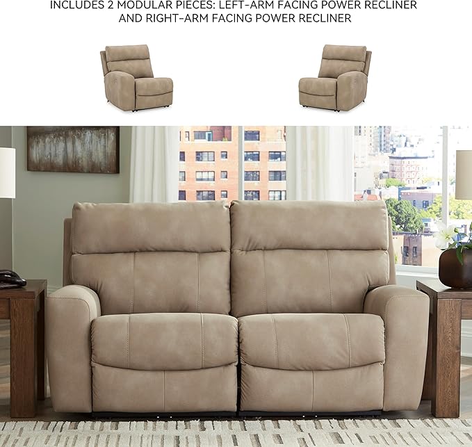 Signature Design by Ashley Next-Gen DuraPella Contemporary Faux Leather Modular Wall Hugger 2-Piece Power Reclining Sectional Loveseat with Adjustable Headrest and USB Ports, Light Brown