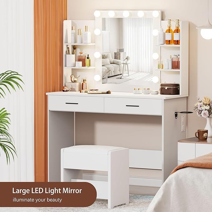 Vanity Desk with Mirror and Lights, 3-Color Lights Adjustable Brightness, White Vanity Makeup Desk with Drawer & Charging Station, Large Dressing Table Make Up for Bedroom