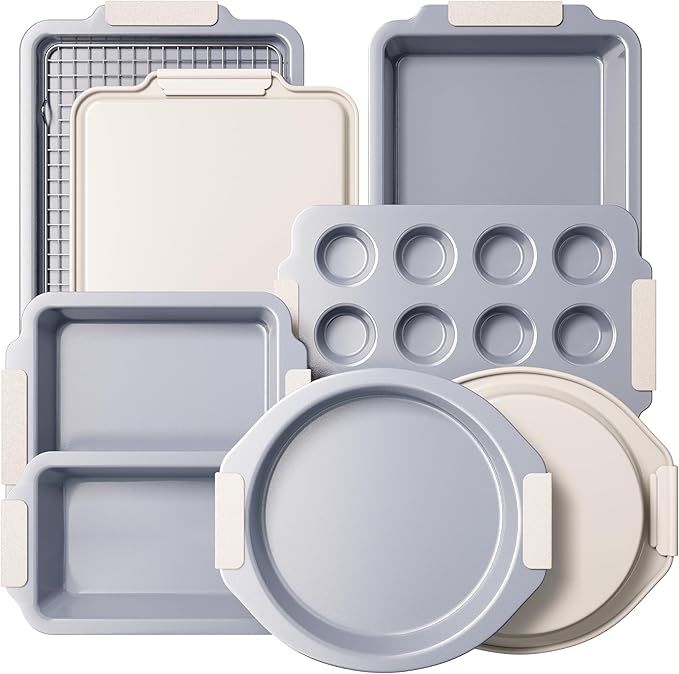 BRONYPRO Nonstick Ceramic Bakeware Set (9 Pieces),Heavy Duty Aluminized Steel Bakeware-Baking Pans Set with Silicone Handles,Includes Sheet Pans,Loaf Pan,Muffin pan,Cake pans,PTFE & PFOA Free - White