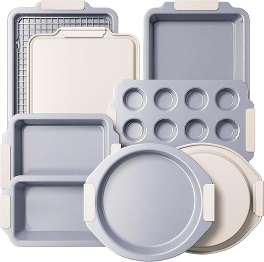 BRONYPRO Nonstick Ceramic Bakeware Set (9 Pieces),Heavy Duty Aluminized Steel Bakeware-Baking Pans Set with Silicone Handles,Includes Sheet Pans,Loaf Pan,Muffin pan,Cake pans,PTFE & PFOA Free - White