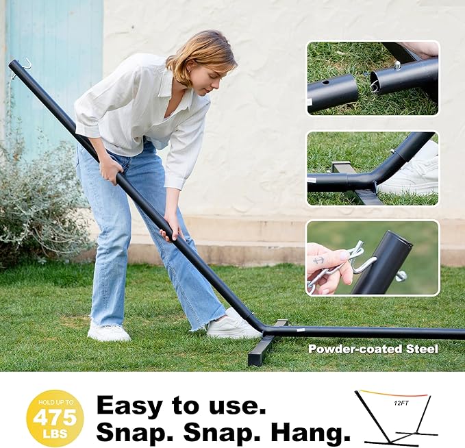 Waterproof Double Hammock with Stand for Outside 2 Person 55'' Large Quick Dry Textilene Hammocks with Hardwood Spreader Bar, Pillow, Pockets, for Outdoor, 475lbs Capacity (Yellow & White)