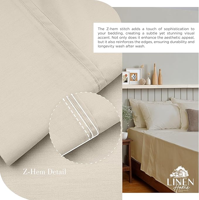 Linen Home 100% Cotton Percale Sheets Full Size, Light Taupe, Deep Pocket, 4 Pieces Set - 1 Flat, 1 Deep Pocket Fitted Sheet and 2 Pillowcases, Crisp Cool and Strong Bed Linen