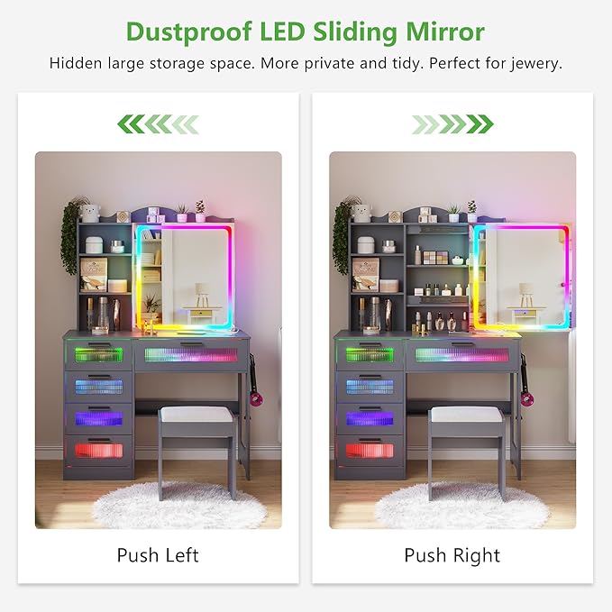HNEBC Vanity Desk with Sliding Mirror and LED Lights, RGB Vanitys with Charging Station, Makeup Vanitys with Remote Control, White Dresser with Stool/Lager Drawers for Bedroom (Grey)