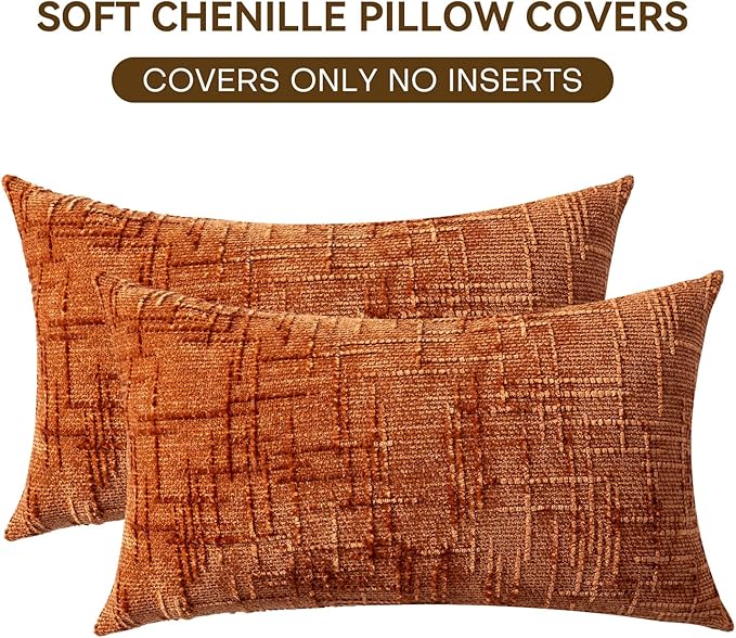 Decorative Throw Pillow Covers 12x20 Inch Set of 2, Soft Solid Farmhouse Chenille Couch Pillows, Spring Pillow Covers for Couch Sofa Bed Living Room Home Decor Pillowcase, Rust