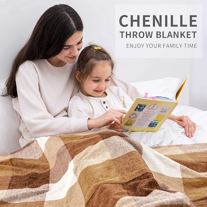 RECYCO Buffalo Paid Chenille Throw Blanket for Couch, Soft Cozy Decorative Buffalo Check Blanket Throw with Tassels for Bed Sofa, Lightweight Chenille Knitted Throw, Plaid Brown Off White, 50'' x 60''