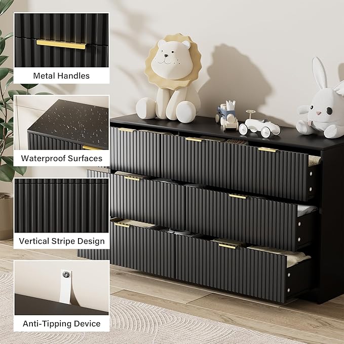 Black Dresser for Bedroom, Modern Dresser with 7 Drawers and Smooth Slides, Wide Chest of Drawers with Golden Handles for Bedroom, Living Room, Closet, 15.7" D x 55.1" W x 31.4" H