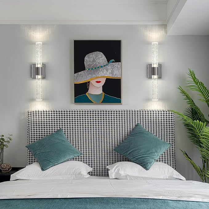 Wireless Wall Sconces Set of Two Battery Operated, 4000K Dimmable Crystal LED Bathroom Sconces Wall Lighting Modern Indoor Nickel Wall Lights for Bedroom Living Room