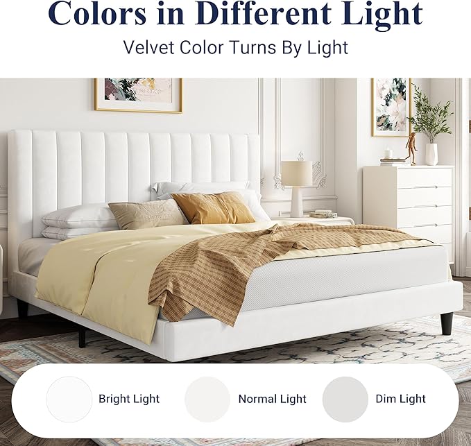 Allewie King Bed Frame/Velvet Upholstered Bed Frame with Vertical Channel Tufted Headboard/Strong Wooden Slats/Platform Bed Frame/Mattress Foundation/Box Spring Optional/Easy Assembly/White