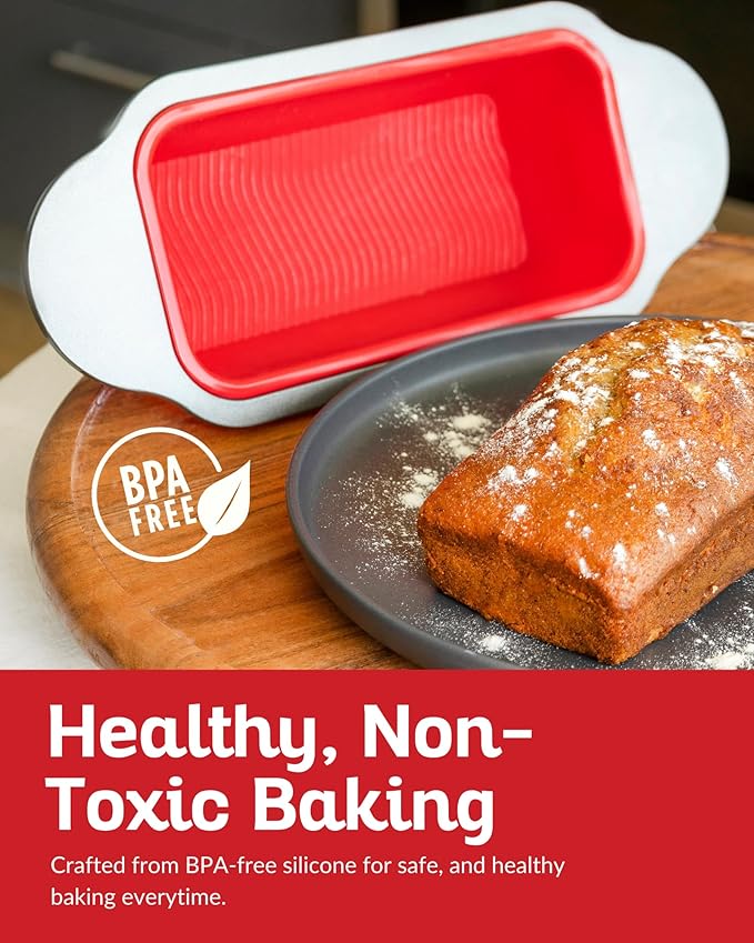 Boxiki Kitchen Premium Non-Stick Silicone Bread Loaf Pan, 9x5 Inches – Heavy-Duty Steel Frame, Non-Toxic, BPA & PFOA Free – Perfect for Pound Cakes, Breads, & More.