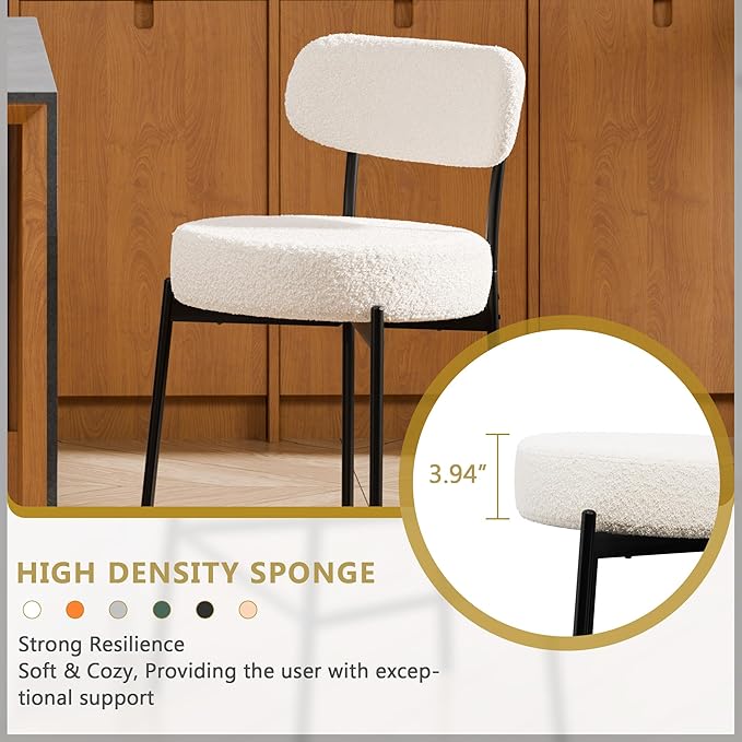 DYHOME Bar Stools Set of 2, 24 Inches White Boucle Bartools Counter Height Bar Stool with Curved Back Metal Legs, Modern Upholstered Barstools Chairs for Kitchen Island, Cafe