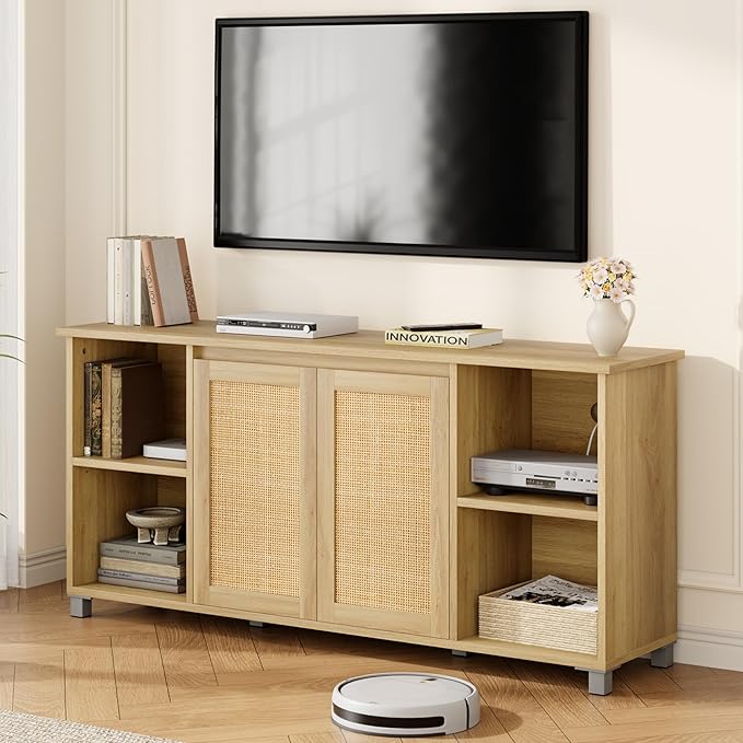 GarveeHome 70" Mid-Century Modern TV Stand - Rattan Door Entertainment Center with 2 Storage Cabinets & 3 Open Shelves, Media Console for Living Room (Natural)