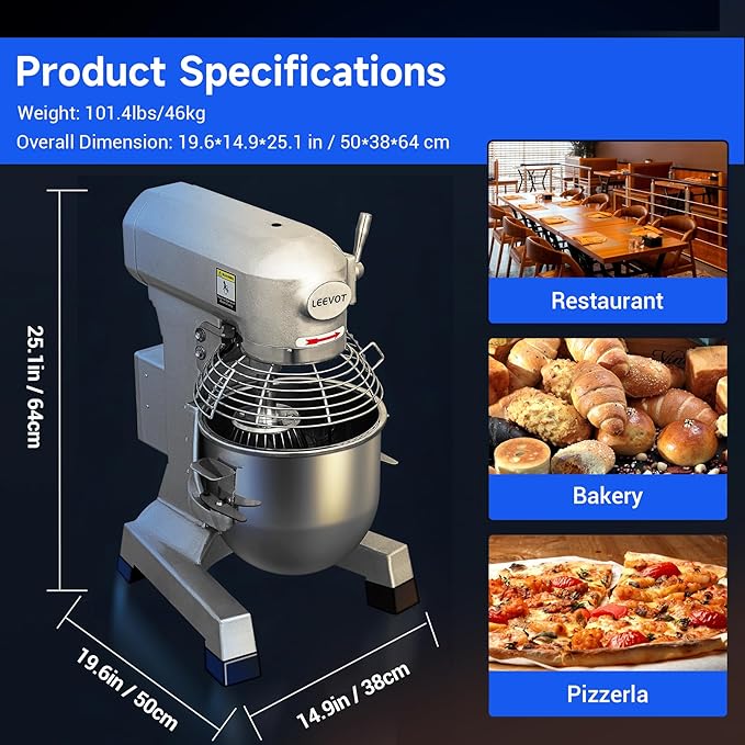 15Qt Commercial Food Mixer with Timing Function, 600W Commercial mixer 3-Speed Adjustable Heavy Duty, Electric Stand Food Mixer with Stainless Steel Bowl for Bakery Pizzeria. (Standard)