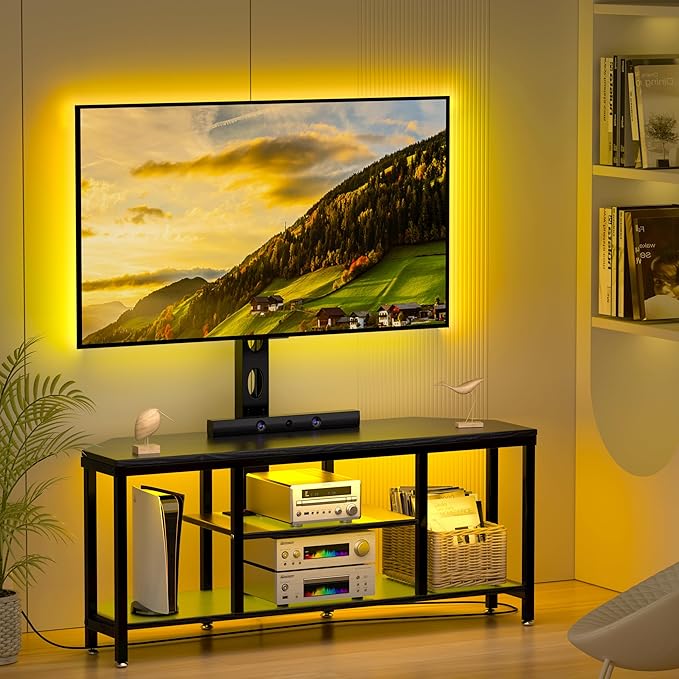 Corner TV Stand with Mount LED - Universal TV Mount Stand for 32-65" TV, Height Adjustable Swivel TV Console Wood & Steel Entertainment Center with Mount, Cabinet, Power Outlet, Colorful Light, Black